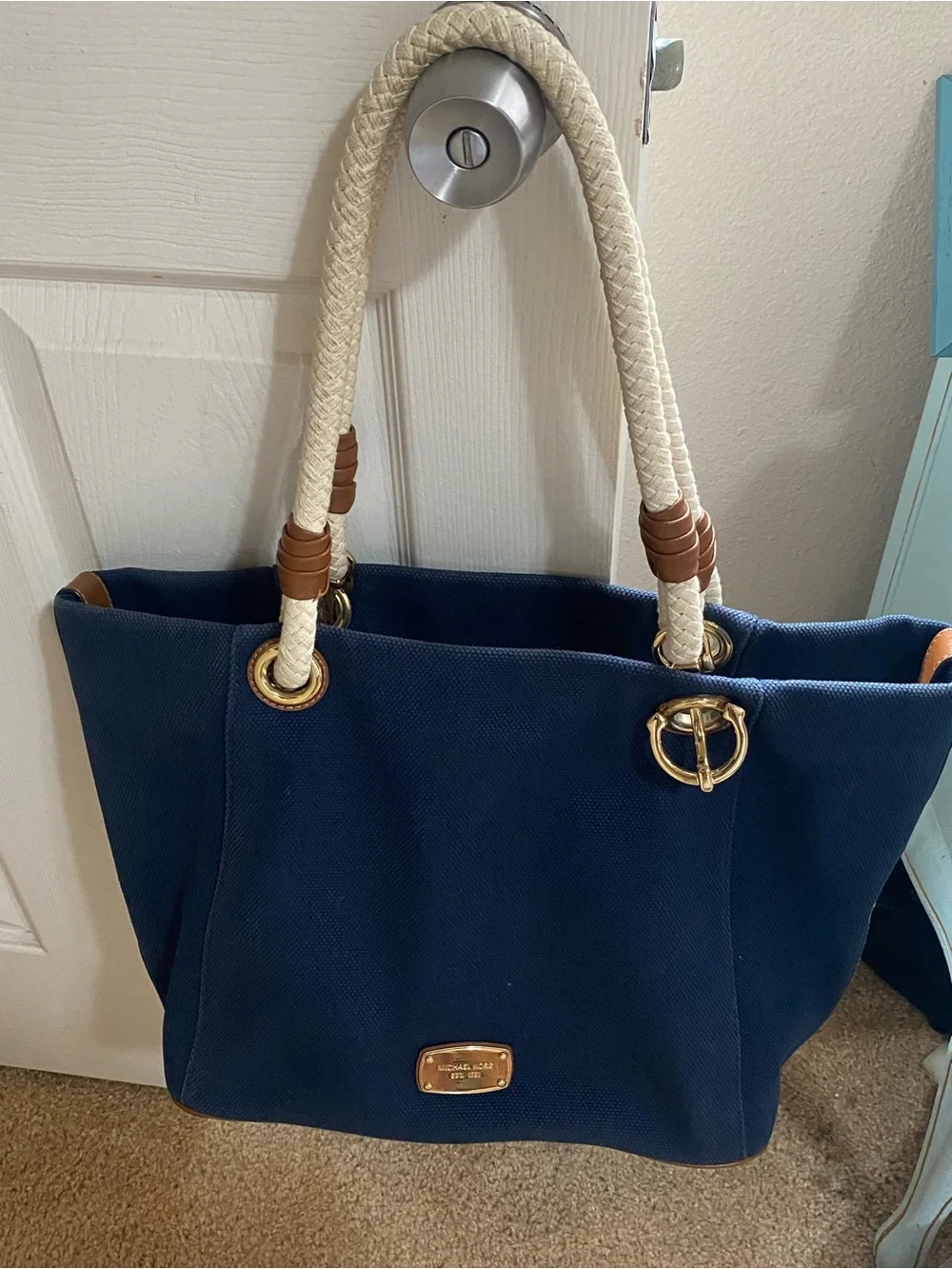 Michael Kors Navy Canvas Tote with Cream Rope Handles and Gold Hardware